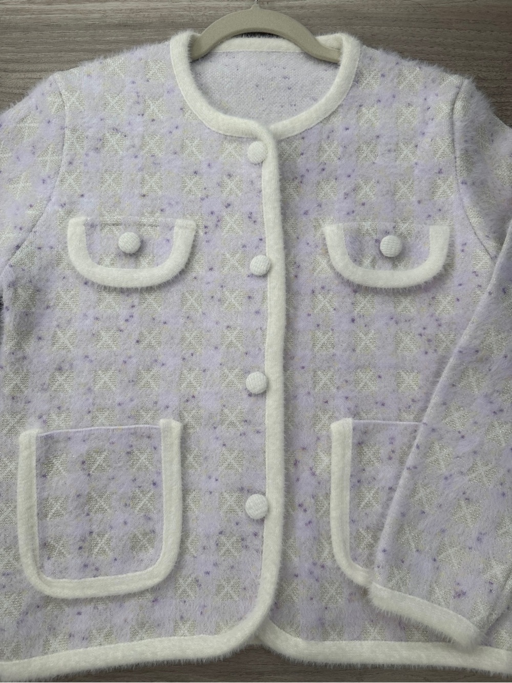 Soft Lavender Bouclé Cardigan with White Trim